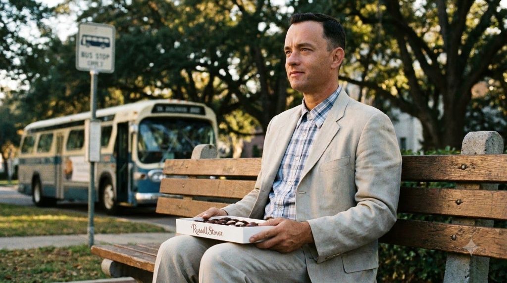 Tom Hanks in character from the movie Forrest Gump sitting on a bench with a box of chocolates