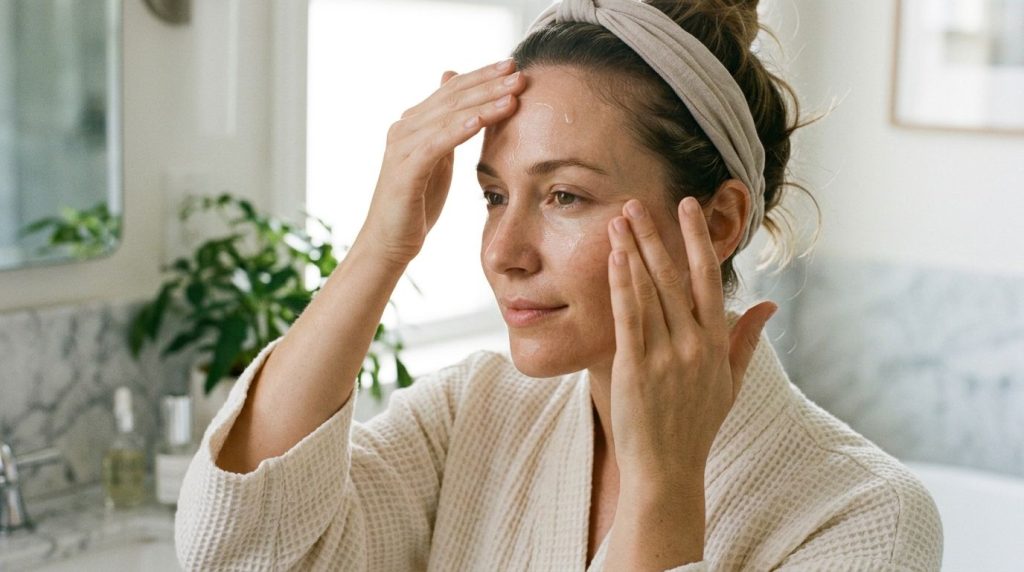 A woman gently massaging a few drops of serum onto her face focusing on her forehead and eye area with a soft natural ex