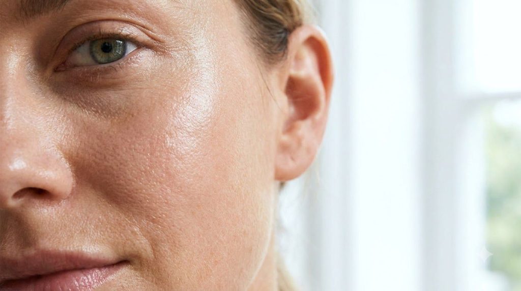 A close-up of healthy glowing skin with a smooth texture suggesting the desired results of the beauty drops