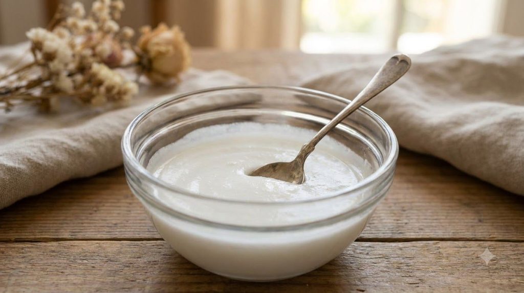 A close-up of a small glass bowl containing a smooth white paste made from baking soda and Vaseline with a spoon resting