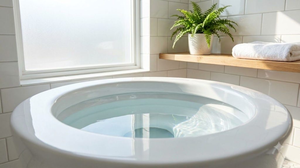 A clean sparkling white toilet bowl after being cleaned with homemade solutions showcasing the effectiveness of the DIY 