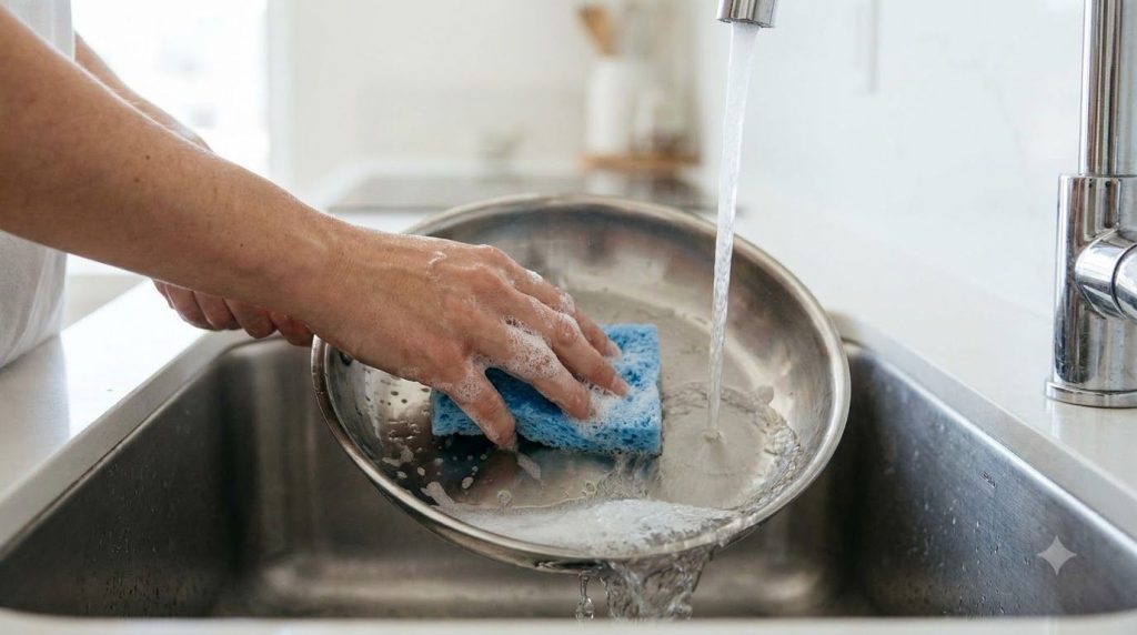 A clean shiny metal pan after being scrubbed with a hand holding a sponge and dish soap rinsing it under warm running wa