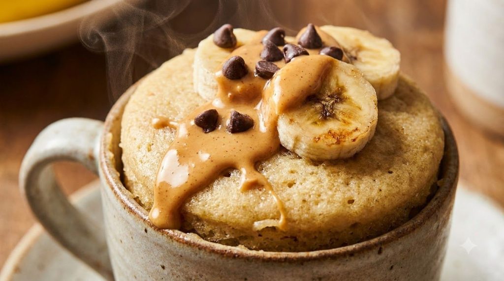 A delicious fluffy mug cake in a ceramic mug garnished with sliced banana and a drizzle of peanut butter ready to be enj