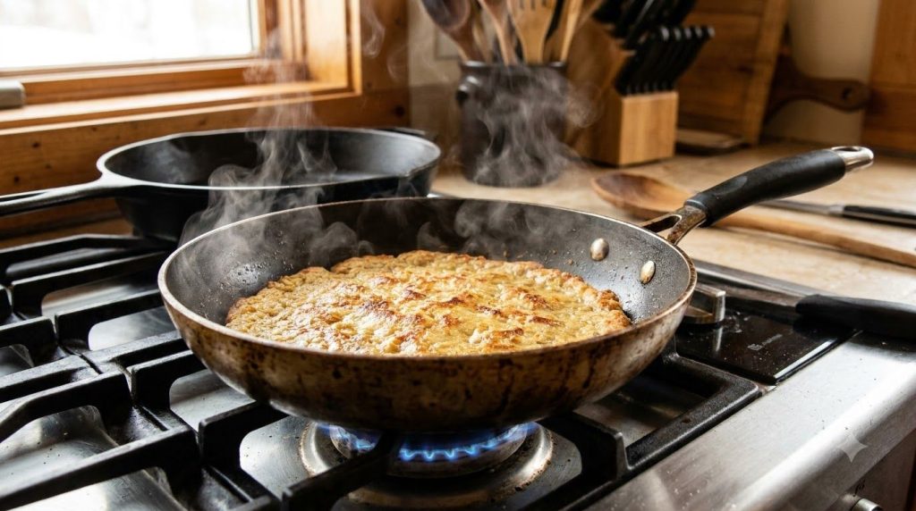 Potato oat pizza crust cooking in a non-stick skillet on the stovetop