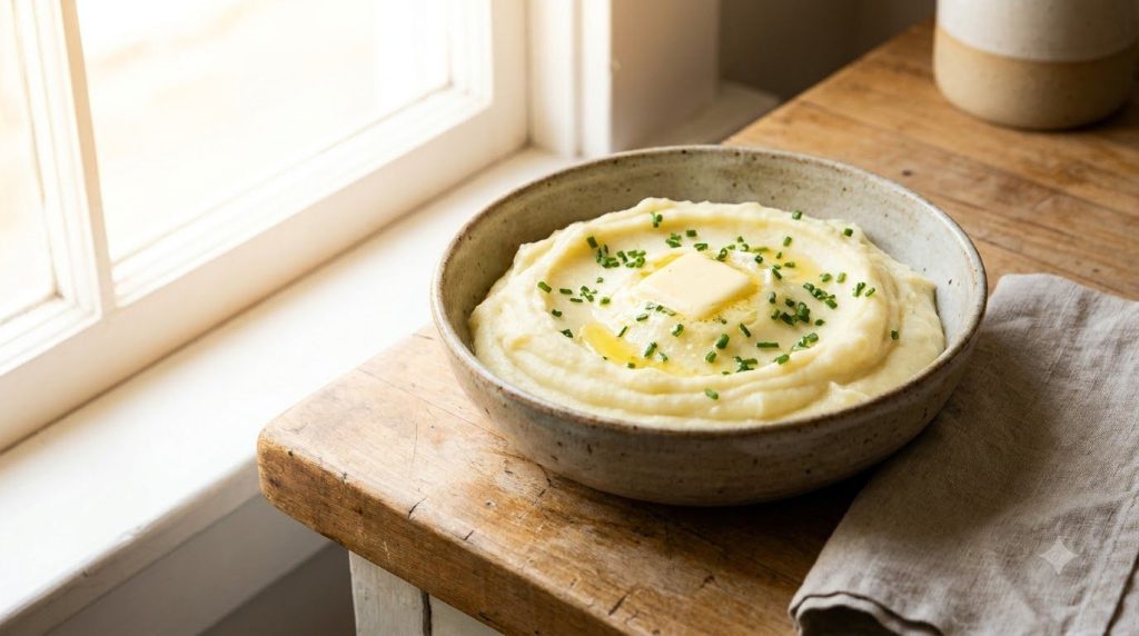 Mashed potatoes in a bowl ready to be mixed with oats
