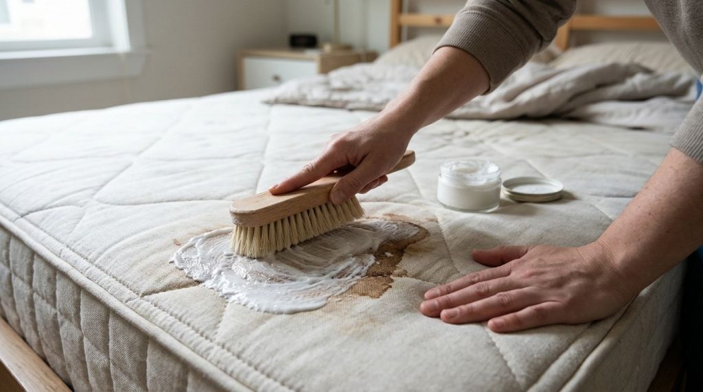 A person applying the prepared cleaning paste onto a stained area of a mattress using a soft brush or a clean cloth