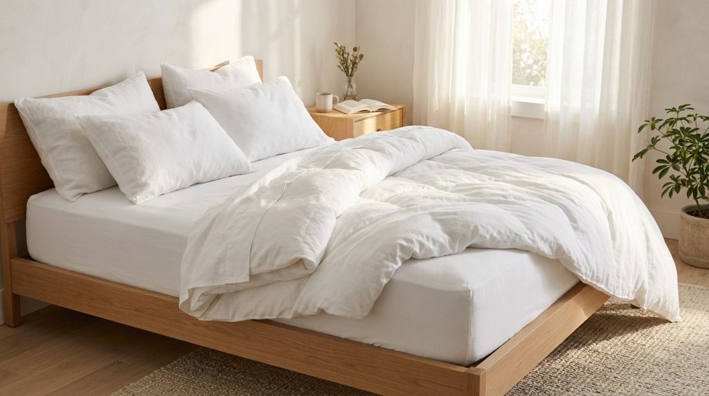 A beautifully clean fresh and well-maintained mattress on a bed with soft white bedding suggesting comfort and cleanline