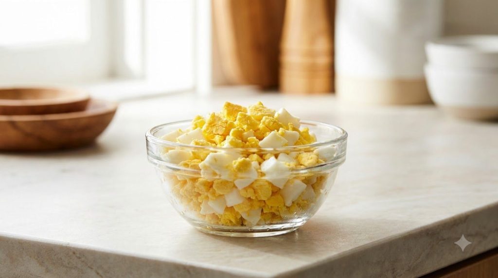 Chopped hard-boiled eggs in a small bowl ready to be mixed with other ingredients