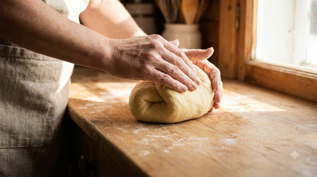 Hands kneading a soft elastic dough on a lightly floured wooden surface