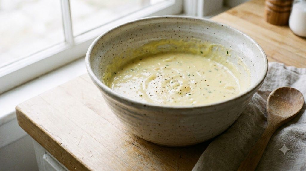 A large mixing bowl containing the smooth and creamy potato and egg mixture ready for the next ingredients