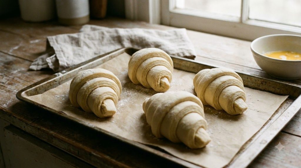 Several unbaked croissants perfectly rolled and shaped placed on a baking tray lined with parchment paper
