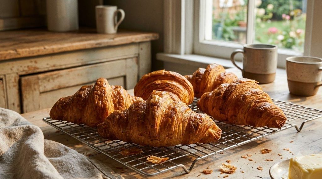 Freshly baked golden-brown croissants with a beautiful flaky texture cooling on a wire rack