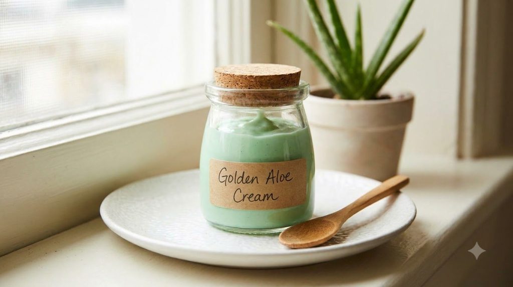 A small clear glass jar filled with the freshly mixed Golden Aloe Cream sitting on a clean bright surface The cream shou