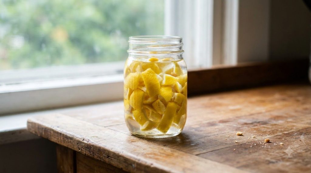 A glass jar filled with chopped lemon peels and water sitting on a kitchen counter indicating the start of a fermentatio