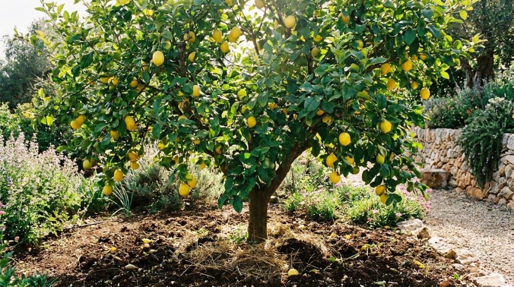 A vibrant citrus tree with ripe lemons and lush green leaves demonstrating healthy growth and abundant fruit possibly wi