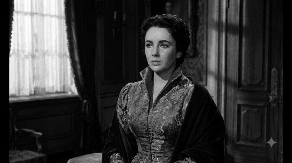 A real film still of Elizabeth Taylor in one of her famous roles such as Cleopatra or Who s Afraid of Virginia Woolf