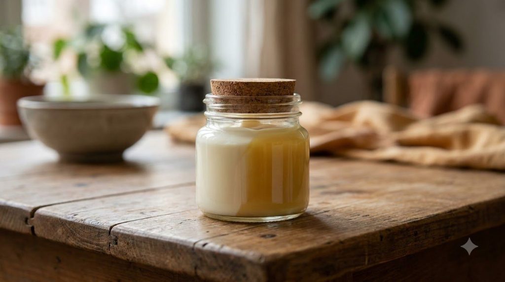 A small clear jar filled with the freshly made Golden Aloe Cream sitting on a wooden surface with a soft glowing backgro
