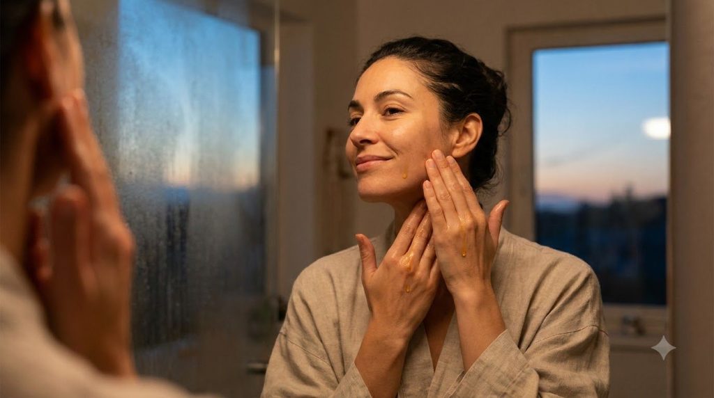 A woman gently massaging a few drops of oil into her face and neck as part of her evening skincare routine with soft lig