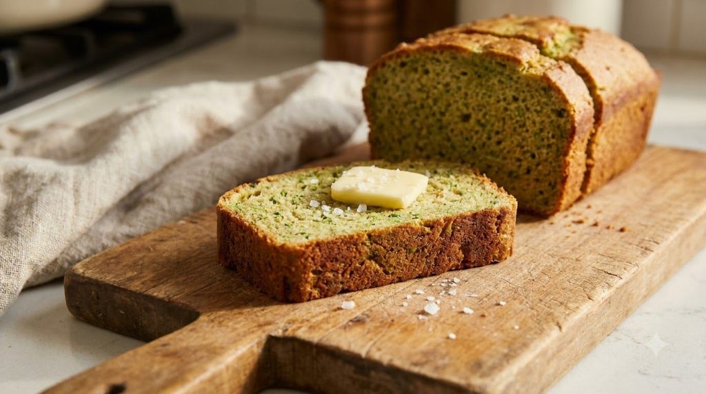 A slice of freshly baked avocado loaf bread on a cutting board with the rest of the loaf in the background