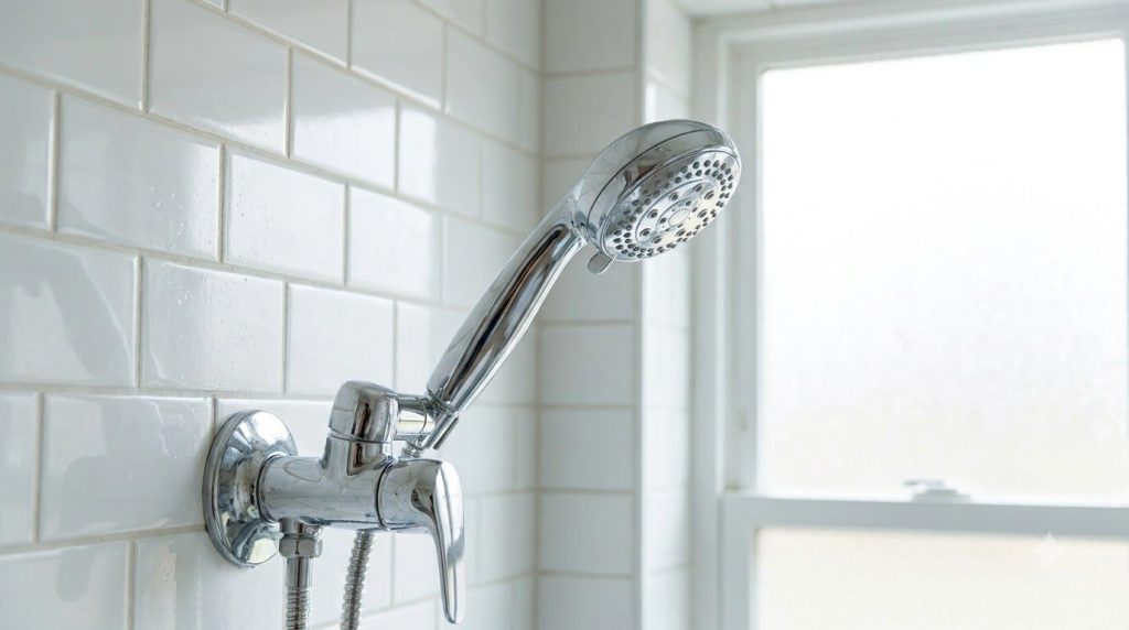 A sparkling clean shower head and faucet after being cleaned contrasting with the before image Water droplets might stil
