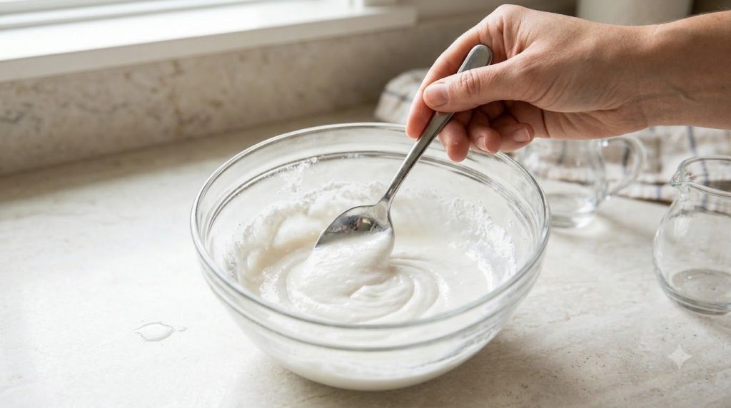 Close-up of a hand mixing cream of tartar powder with water in a glass bowl to form a thick paste A spoon is used for mi