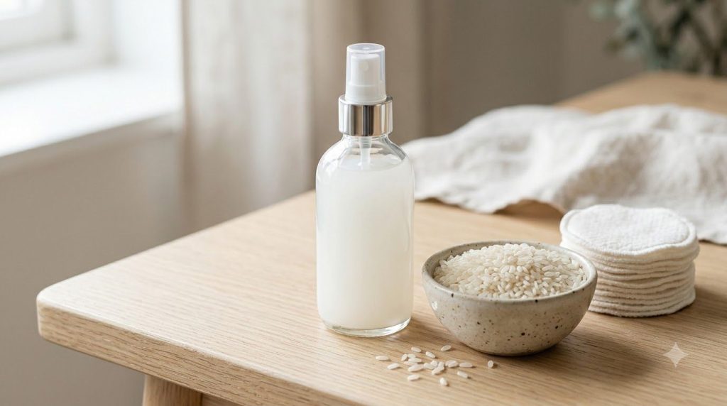 A glass bottle of homemade rice water toner next to a bowl of white rice and a cotton pad set on a clean light surface w