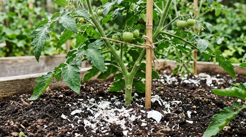 A healthy tomato plant growing in rich soil with large green leaves and small green tomatoes forming and eggshell powder
