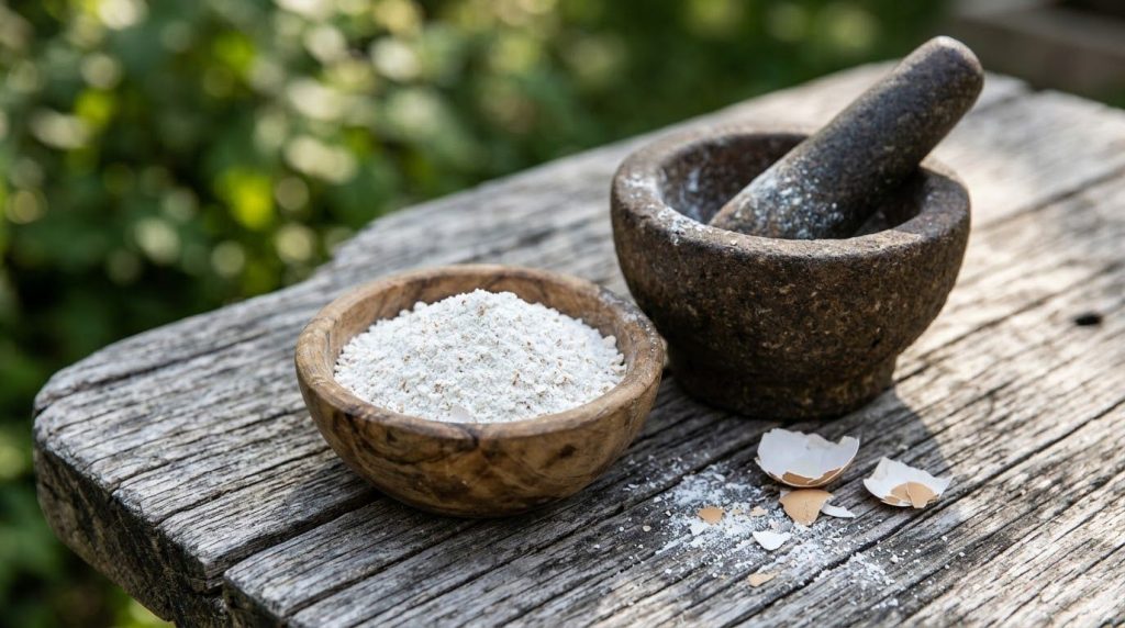 A close-up of finely ground eggshell powder in a small wooden bowl next to a mortar and pestle on a rustic table with a 