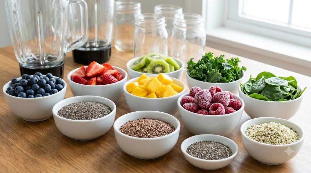 Un surtido vibrante de frutas frescas y congeladas verduras de hoja verde y semillas cuidadosamente dispuestos en pequeñ