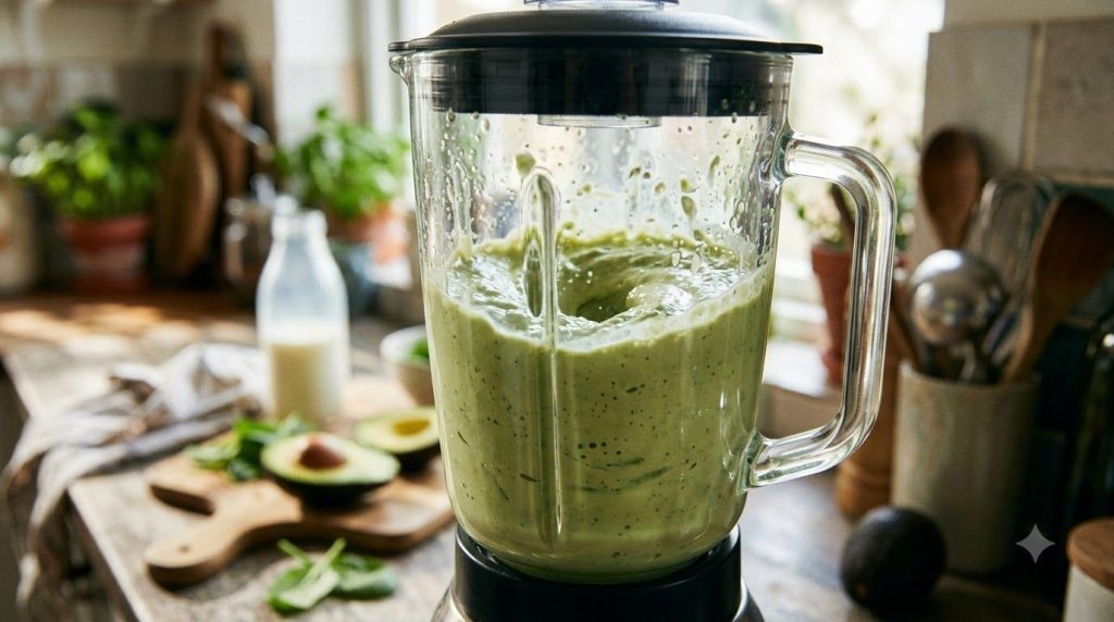 Blender with avocado milk and other wet ingredients being processed until smooth