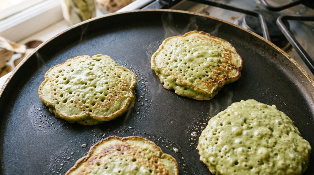 Pancakes cooking on a hot griddle showing bubbles forming on the surface before flipping