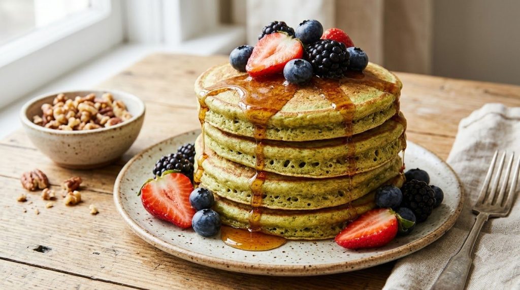 A close-up shot of a stack of avocado pancakes with various toppings like berries maple syrup and a side of nuts ready t