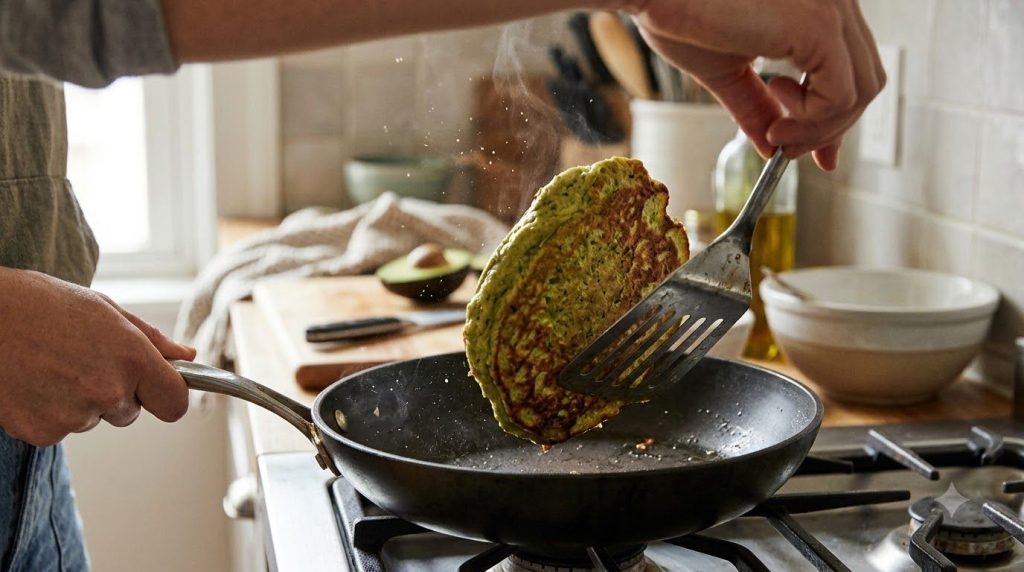 A perfectly cooked avocado pancake being flipped in a non-stick pan with a spatula
