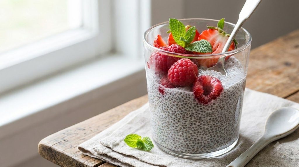 Un vaso transparente con pudín de chía casero adornado con frutos rojos y hojas de menta listo para ser consumido como u