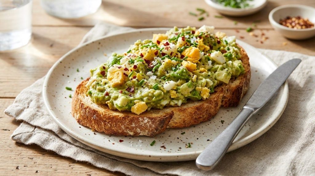 Avocado egg spread generously spread on a piece of toasted bread garnished with red pepper flakes and chives