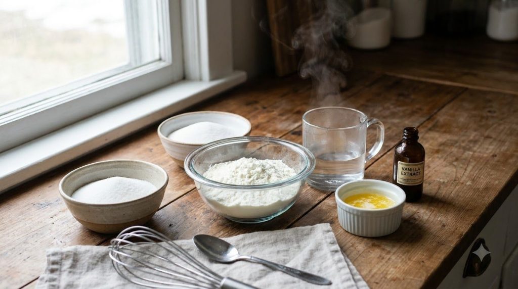 All ingredients for homemade condensed milk laid out on a kitchen counter powdered milk sugar hot water melted butter an