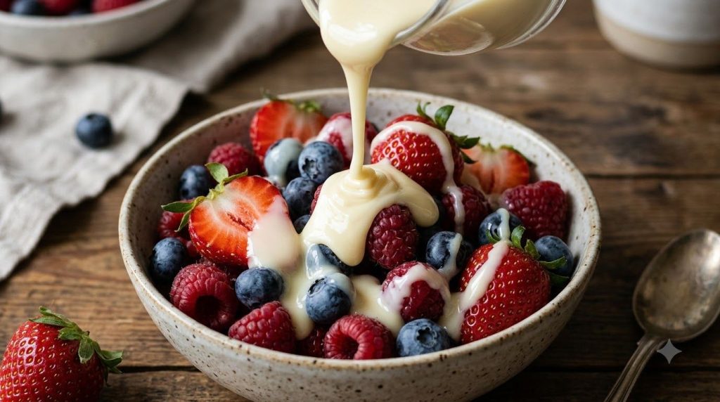 Homemade condensed milk being drizzled over fresh berries showcasing its creamy texture
