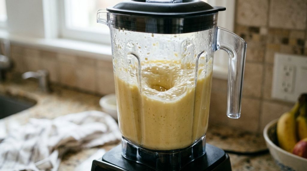 A blender pitcher with the creamy homemade condensed milk being blended showing the smooth texture