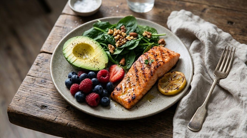Un plato lleno de una variedad de alimentos coloridos y saludables para el corazón como salmón aguacate bayas espinacas 