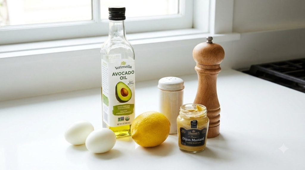 All ingredients for hard-boiled egg mayonnaise laid out on a kitchen counter hard-boiled eggs bottle of oil lemon Dijon 