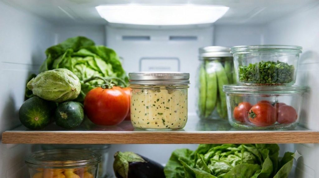 A small glass jar filled with finished hard-boiled egg mayonnaise ready for storage in the refrigerator