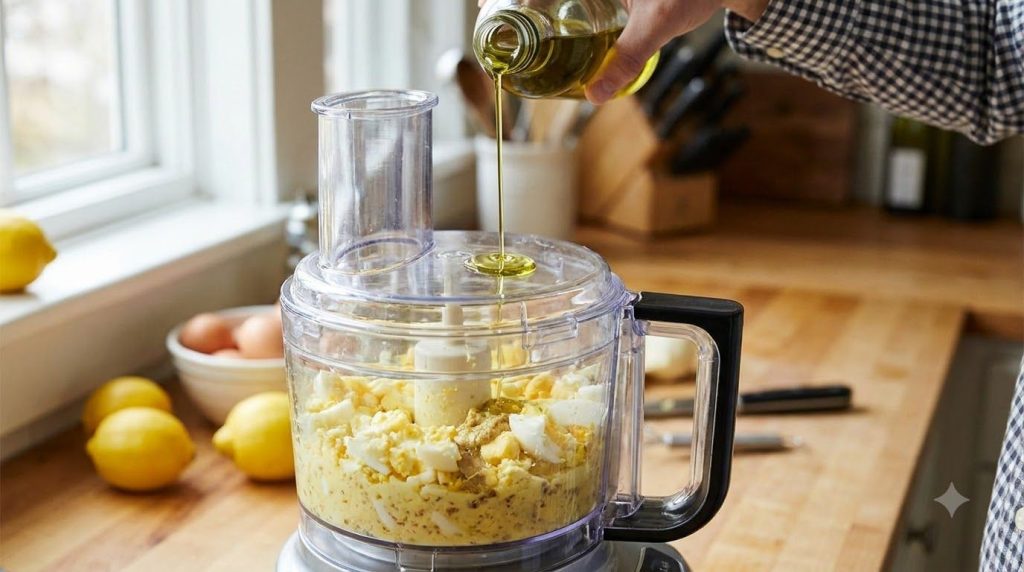 A food processor blending hard-boiled eggs and other ingredients with oil being slowly drizzled in through the feed tube
