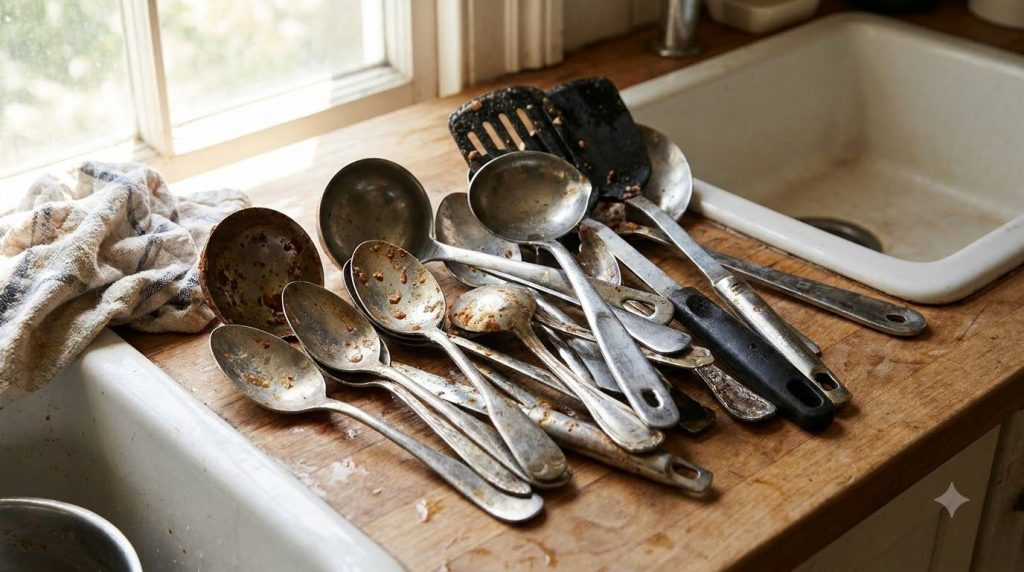 Utensilios de cocina de metal sucios como cucharas y espátulas antes de la limpieza mostrando manchas y opacidad