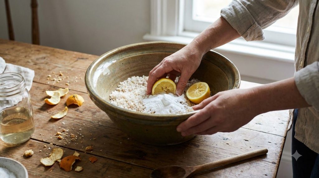 Manos mezclando ingredientes naturales sal bicarbonato limón en un bol preparando la solución de limpieza