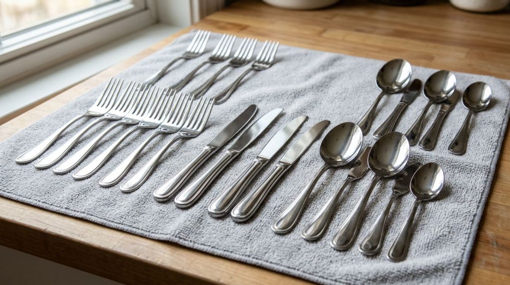 Utensilios de cocina de metal limpios y brillantes dispuestos sobre un paño de microfibra relucientes después de la limp