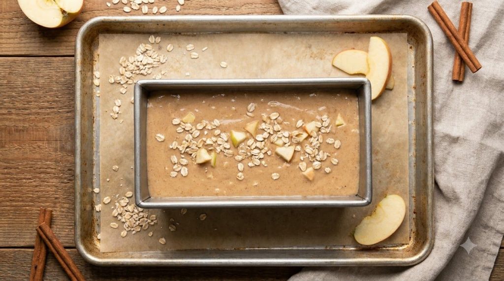 A loaf pan filled with apple cinnamon oat batter ready for baking