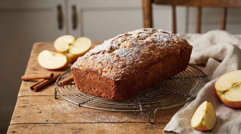 A freshly baked apple cinnamon oat loaf cooling on a wire rack