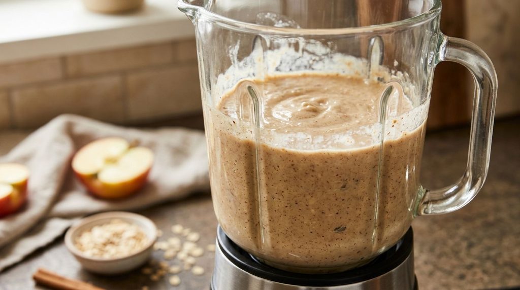 A blender filled with a smooth light brown apple and oat batter ready to be poured into a loaf pan