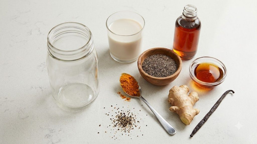 All the dry and wet ingredients for the Turmeric Chia Glow Drink are laid out on a kitchen counter ready to be combined