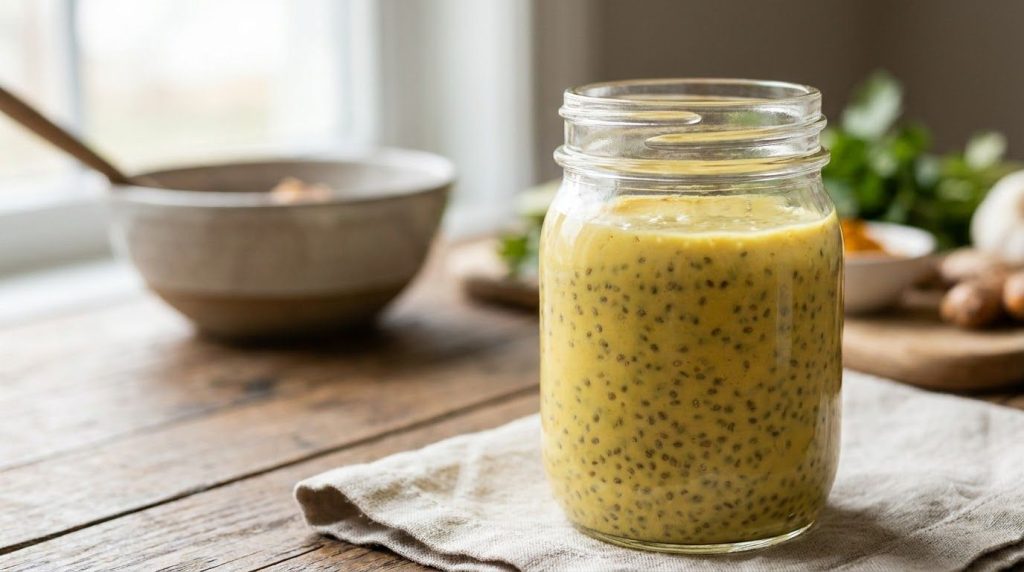 A close-up of a glass jar filled with the Turmeric Chia Glow Drink showing the chia seeds fully bloomed and the liquid t